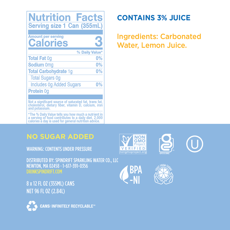 Spindrift Sparkling Water Lemon 16oz Can