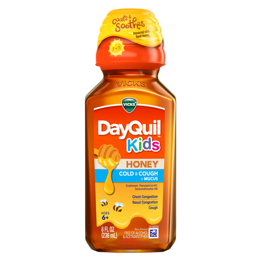 Vicks Kids DayQuil Honey Cold & Cough + Mucus Relief Real Honey Flavored , For Children Ages 6+, 8 FL OZ