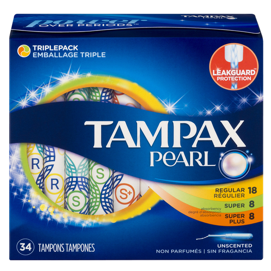 Tampax Pearl Triple Pack Plastic Tampons Regular/Super/Super Plus Unscented 34ct