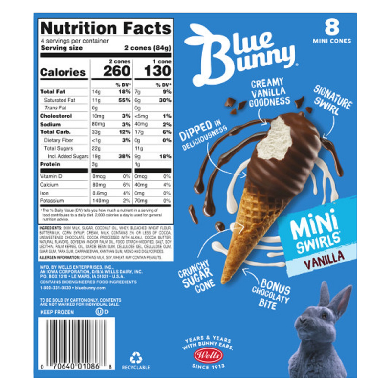 Blue Bunny Vanilla Mini Swirls Dipped Cones 8ct