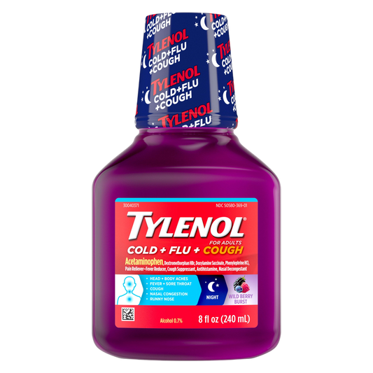 Tylenol Cold + Flu + Cough Night Liquid, Wild Berry Burst, 8 Fl. Oz