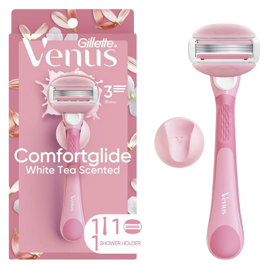 Venus Comfortglide Women's Razor White Tea Scented with Reusable Razor Handle, 1 Razor Blade Refill and Shower Holder