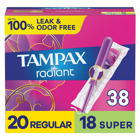 Tampax Radiant Tampons Duo Pack Regular/Super Absorbency, Unscented, 38 Count