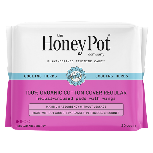 The Honey Pot Company 100% Organic Cotton Cover Cooling Herbal Infusion Regular Pads, 20ct