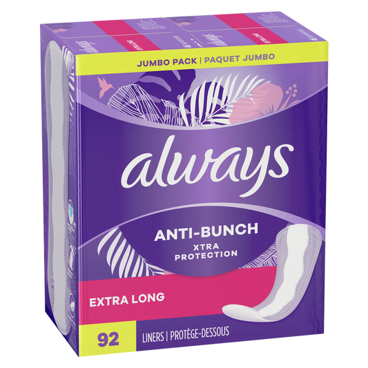 Always Anti-Bunch Xtra Protection Daily Liners Extra Long Absorbency Unscented 92ct
