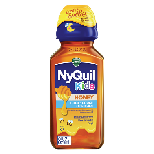 Vicks Kids NyQuil Honey Cold & Cough + Congestion Relief Real Honey Flavored , For Children Ages 6+, 8 FL OZ