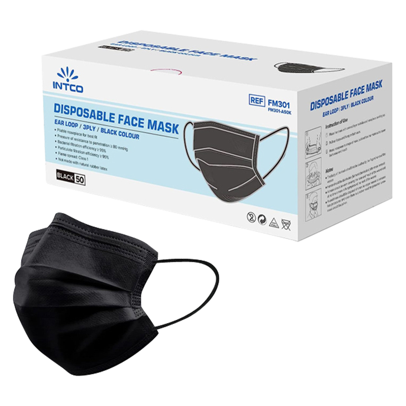 Intco Black Disposable 3-Ply Face Masks, 50 ct