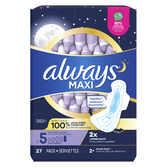 Always Maxi Overnight Pads with Wings Size 5 Extra Heavy Overnight Unscented 27ct