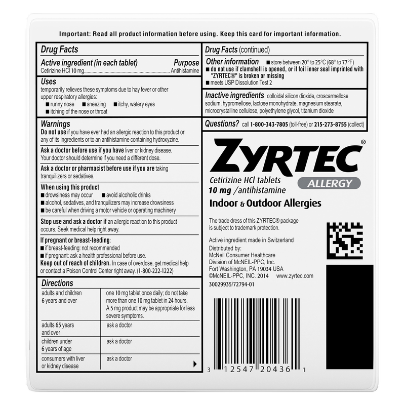 Zyrtec 24-Hour Allergy Relief Tablets 30ct
