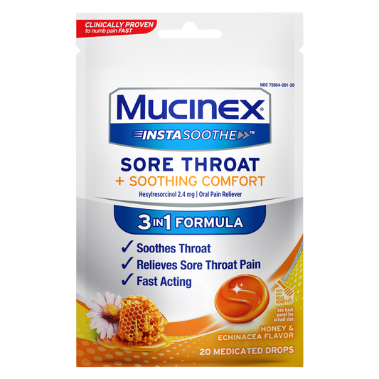 Mucinex InstaSoothe Sore Throat + Soothing Comfort Honey & Echinacea Medicated Drops 20ct