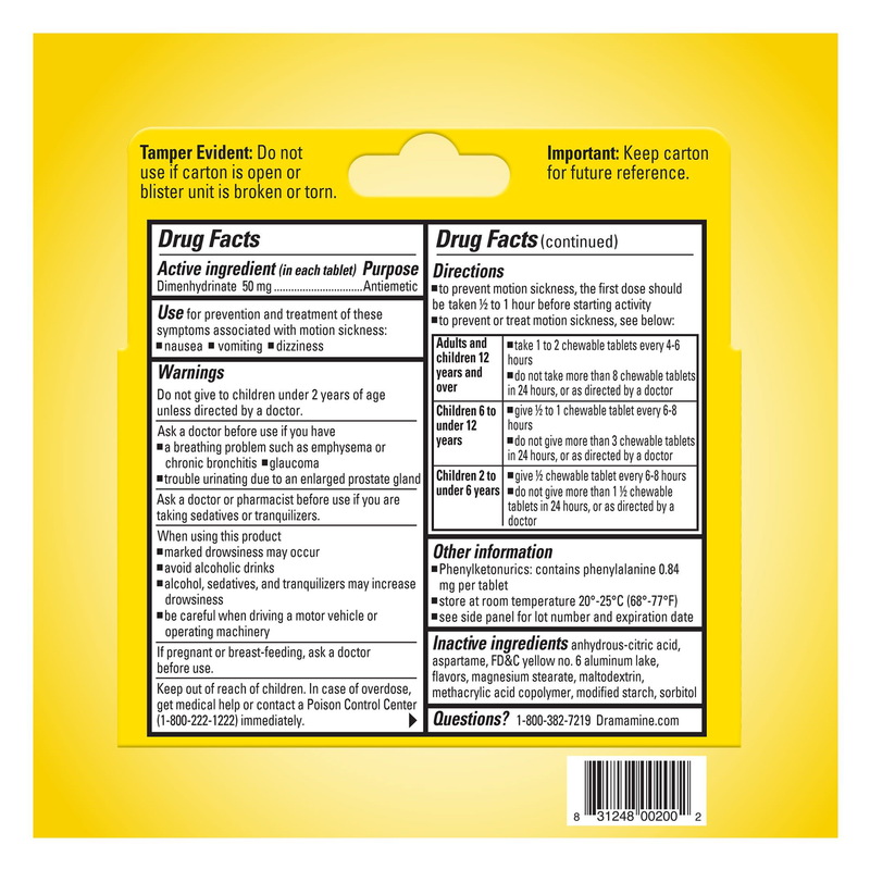 Dramamine Chewable Motion Sickness Relief Tablets Orange 4ct