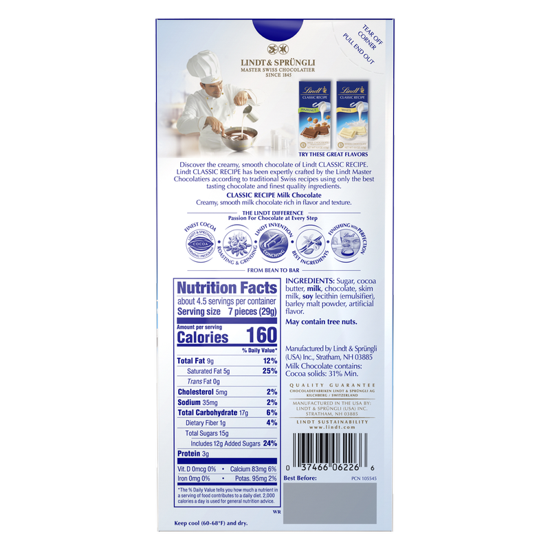 Lindt Classic Recipe Milk Chocolate Bar 4.4oz