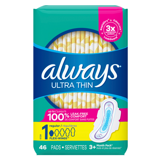 Always Ultra Thin Daytime Pads with Wings Size 1 Regular Unscented 46ct